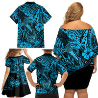 Hawaii Fish Hook Family Matching Off Shoulder Short Dress and Hawaiian Shirt Hibiscus Hawaii Tribal Tattoo Sky Blue Version - Wonder Print Shop