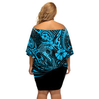 Hawaii Fish Hook Family Matching Off Shoulder Short Dress and Hawaiian Shirt Hibiscus Hawaii Tribal Tattoo Sky Blue Version - Wonder Print Shop