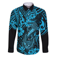 Hawaii Fish Hook Family Matching Puletasi Dress and Hawaiian Shirt Hibiscus Hawaii Tribal Tattoo Sky Blue Version - Wonder Print Shop