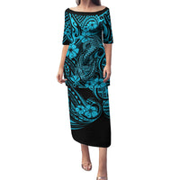 Hawaii Fish Hook Family Matching Puletasi Dress and Hawaiian Shirt Hibiscus Hawaii Tribal Tattoo Sky Blue Version - Wonder Print Shop