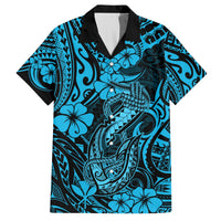 Black-collar Hawaiian shirt with blue fish hook, hibiscus, and tribal print; short sleeves