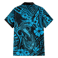 Back of blue Hawaiian shirt with black accents; fish hook, hibiscus, tribal tattoo print
