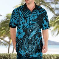 Adult Hawaiian shirt with blue fish hook and hibiscus tribal print, black collar, button front