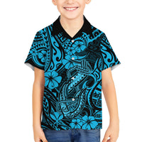 Kid Hawaiian shirt with blue fish hook and hibiscus tribal print; black collar and button front