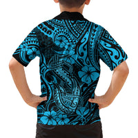 Kid Hawaiian shirt back with blue fish hook and hibiscus tribal tattoo print; black collar
