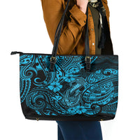Hawaii Fish Hook Leather Tote Bag Hibiscus Hawaii Tribal Tattoo Sky Blue Version - Wonder Print Shop