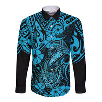 Hawaii Fish Hook Long Sleeve Button Shirt Hibiscus Hawaii Tribal Tattoo Sky Blue Version - Wonder Print Shop