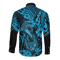 Hawaii Fish Hook Long Sleeve Button Shirt Hibiscus Hawaii Tribal Tattoo Sky Blue Version - Wonder Print Shop