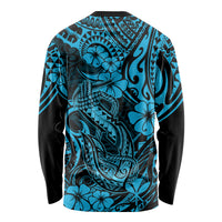 Hawaii Fish Hook Long Sleeve Shirt Hibiscus Hawaii Tribal Tattoo Sky Blue Version - Wonder Print Shop