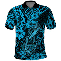 Hawaii Fish Hook Polo Shirt Hibiscus Hawaii Tribal Tattoo Sky Blue Version - Wonder Print Shop