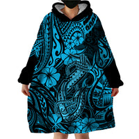 Hawaii Fish Hook Wearable Blanket Hoodie Hibiscus Hawaii Tribal Tattoo Sky Blue Version - Wonder Print Shop