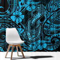 Hawaii Fish Hook Window Curtain Hibiscus Hawaii Tribal Tattoo Sky Blue Version - Wonder Print Shop