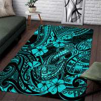Hawaii Fish Hook Area Rug Hibiscus Hawaii Tribal Tattoo Turquoise Version - Wonder Print Shop