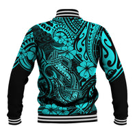 Hawaii Fish Hook Baseball Jacket Hibiscus Hawaii Tribal Tattoo Turquoise Version - Wonder Print Shop