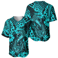 Hawaii Fish Hook Baseball Jersey Hibiscus Hawaii Tribal Tattoo Turquoise Version - Wonder Print Shop