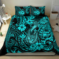 Hawaii Fish Hook Bedding Set Hibiscus Hawaii Tribal Tattoo Turquoise Version - Wonder Print Shop