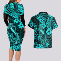 Hawaii Fish Hook Couples Matching Long Sleeve Bodycon Dress and Hawaiian Shirt Hibiscus Hawaii Tribal Tattoo Turquoise Version - Wonder Print Shop