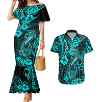 Hawaii Fish Hook Couples Matching Mermaid Dress and Hawaiian Shirt Hibiscus Hawaii Tribal Tattoo Turquoise Version - Wonder Print Shop