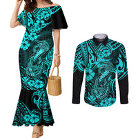 hawaii-fish-hook-couples-matching-mermaid-dress-and-long-sleeve-button-shirts-hibiscus-hawaii-tribal-tattoo-turquoise-version