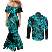 hawaii-fish-hook-couples-matching-mermaid-dress-and-long-sleeve-button-shirts-hibiscus-hawaii-tribal-tattoo-turquoise-version
