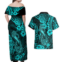 Hawaii Fish Hook Couples Matching Off Shoulder Maxi Dress and Hawaiian Shirt Hibiscus Hawaii Tribal Tattoo Turquoise Version - Wonder Print Shop
