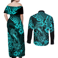 Hawaii Fish Hook Couples Matching Off Shoulder Maxi Dress and Long Sleeve Button Shirts Hibiscus Hawaii Tribal Tattoo Turquoise Version - Wonder Print Shop