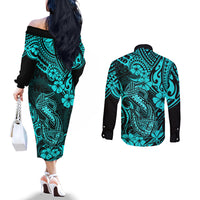 hawaii-fish-hook-couples-matching-off-the-shoulder-long-sleeve-dress-and-long-sleeve-button-shirts-hibiscus-hawaii-tribal-tattoo-turquoise-version