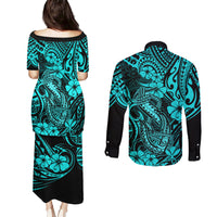 Hawaii Fish Hook Couples Matching Puletasi Dress and Long Sleeve Button Shirts Hibiscus Hawaii Tribal Tattoo Turquoise Version - Wonder Print Shop