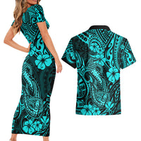 Hawaii Fish Hook Couples Matching Short Sleeve Bodycon Dress and Hawaiian Shirt Hibiscus Hawaii Tribal Tattoo Turquoise Version - Wonder Print Shop