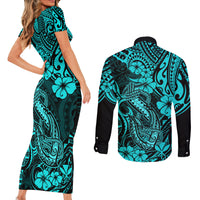 Hawaii Fish Hook Couples Matching Short Sleeve Bodycon Dress and Long Sleeve Button Shirts Hibiscus Hawaii Tribal Tattoo Turquoise Version - Wonder Print Shop