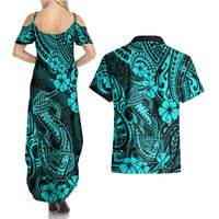 Hawaii Fish Hook Couples Matching Summer Maxi Dress and Hawaiian Shirt Hibiscus Hawaii Tribal Tattoo Turquoise Version - Wonder Print Shop