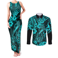 Hawaii Fish Hook Couples Matching Tank Maxi Dress and Long Sleeve Button Shirts Hibiscus Hawaii Tribal Tattoo Turquoise Version - Wonder Print Shop