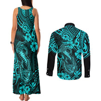 Hawaii Fish Hook Couples Matching Tank Maxi Dress and Long Sleeve Button Shirts Hibiscus Hawaii Tribal Tattoo Turquoise Version - Wonder Print Shop