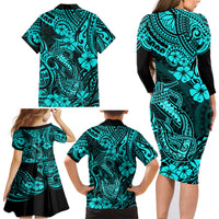 Hawaii Fish Hook Family Matching Long Sleeve Bodycon Dress and Hawaiian Shirt Hibiscus Hawaii Tribal Tattoo Turquoise Version - Wonder Print Shop