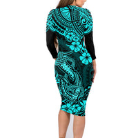 Hawaii Fish Hook Family Matching Long Sleeve Bodycon Dress and Hawaiian Shirt Hibiscus Hawaii Tribal Tattoo Turquoise Version - Wonder Print Shop