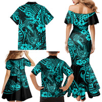 Hawaii Fish Hook Family Matching Mermaid Dress and Hawaiian Shirt Hibiscus Hawaii Tribal Tattoo Turquoise Version - Wonder Print Shop