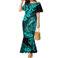 Hawaii Fish Hook Family Matching Mermaid Dress and Hawaiian Shirt Hibiscus Hawaii Tribal Tattoo Turquoise Version - Wonder Print Shop