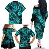 Hawaii Fish Hook Family Matching Off Shoulder Long Sleeve Dress and Hawaiian Shirt Hibiscus Hawaii Tribal Tattoo Turquoise Version - Wonder Print Shop