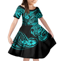Hawaii Fish Hook Family Matching Off Shoulder Short Dress and Hawaiian Shirt Hibiscus Hawaii Tribal Tattoo Turquoise Version - Wonder Print Shop