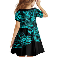 Hawaii Fish Hook Family Matching Off Shoulder Short Dress and Hawaiian Shirt Hibiscus Hawaii Tribal Tattoo Turquoise Version - Wonder Print Shop
