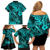 Hawaii Fish Hook Family Matching Off Shoulder Short Dress and Hawaiian Shirt Hibiscus Hawaii Tribal Tattoo Turquoise Version - Wonder Print Shop