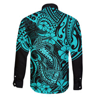 Hawaii Fish Hook Family Matching Off Shoulder Short Dress and Hawaiian Shirt Hibiscus Hawaii Tribal Tattoo Turquoise Version - Wonder Print Shop