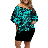 Hawaii Fish Hook Family Matching Off Shoulder Short Dress and Hawaiian Shirt Hibiscus Hawaii Tribal Tattoo Turquoise Version - Wonder Print Shop