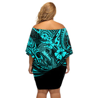 Hawaii Fish Hook Family Matching Off Shoulder Short Dress and Hawaiian Shirt Hibiscus Hawaii Tribal Tattoo Turquoise Version - Wonder Print Shop