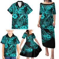 Hawaii Fish Hook Family Matching Puletasi Dress and Hawaiian Shirt Hibiscus Hawaii Tribal Tattoo Turquoise Version - Wonder Print Shop