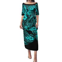 Hawaii Fish Hook Family Matching Puletasi Dress and Hawaiian Shirt Hibiscus Hawaii Tribal Tattoo Turquoise Version - Wonder Print Shop