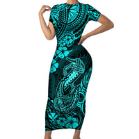 Hawaii Fish Hook Family Matching Short Sleeve Bodycon Dress and Hawaiian Shirt Hibiscus Hawaii Tribal Tattoo Turquoise Version - Wonder Print Shop