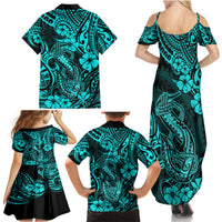 Hawaii Fish Hook Family Matching Summer Maxi Dress and Hawaiian Shirt Hibiscus Hawaii Tribal Tattoo Turquoise Version - Wonder Print Shop