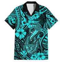 Turquoise Hawaiian shirt with black collar, hibiscus and fish hook tribal print