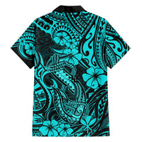 Turquoise Hawaiian shirt back with tribal swirls, hibiscus, and fish hook print